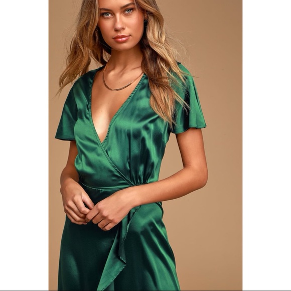 NWOT Lulus Love Of Your Life Dark Green Satin Ruffled Wrap Maxi Dress XLarge - Picture 4 of 9